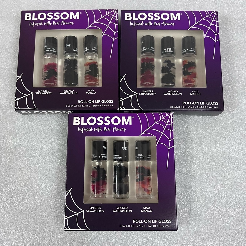3x Blossom Roll-On Lip Gloss w/ Real Flowers -3 Pks Strawberry Watermelon Mango